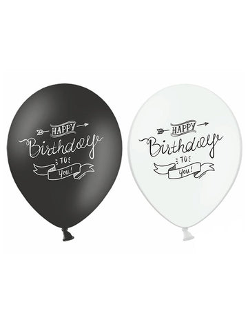 6 Happy Birthday Ballons Noir in White 30 cm