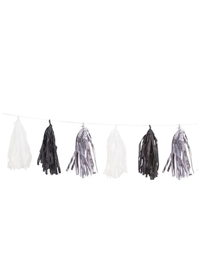 Tassel Garland 15 Srebro, črno -beli pompomi 2,74 m