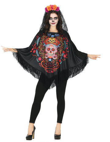 Poncho obarvano okostje Dia de los Muertos Adult